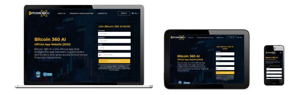 Pré-visualização do website Bitcoin 360 AI em diferentes dispositivos